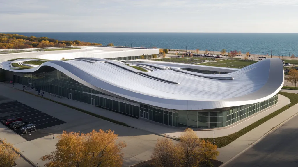 A commercial roof on a community recreation center in a location similar to Chicago with a futuristic aesthetic (AI image)