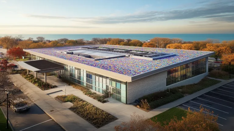 A commercial roof on a community recreation center in a location similar to Chicago with a mosaic tile art aesthetic (AI image)