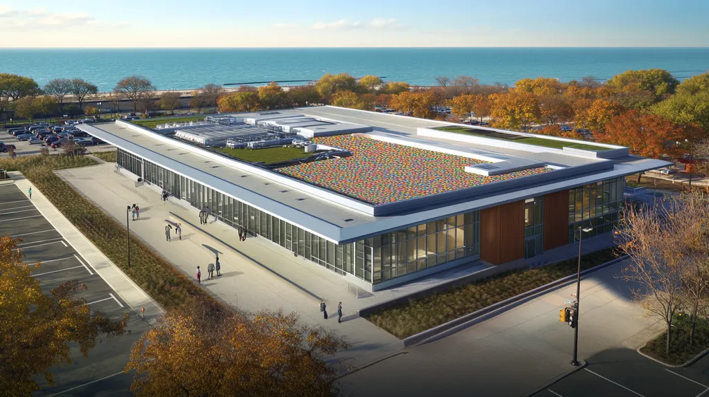 A commercial roof on a community recreation center in a location similar to Chicago with a mosaic tile art aesthetic (AI image)