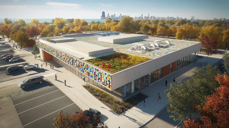 A commercial roof on a community recreation center in a location similar to Chicago with a mosaic tile art aesthetic (AI image)