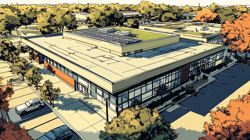 A commercial roof on a community recreation center in a location similar to Dallas with a comic book style aesthetic (AI image)