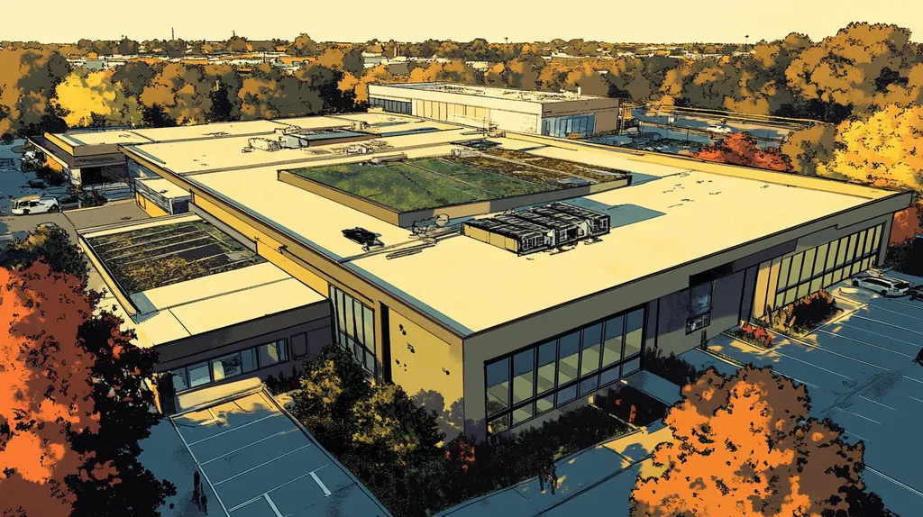 A commercial roof on a community recreation center in a location similar to Dallas with a comic book style aesthetic (AI image)