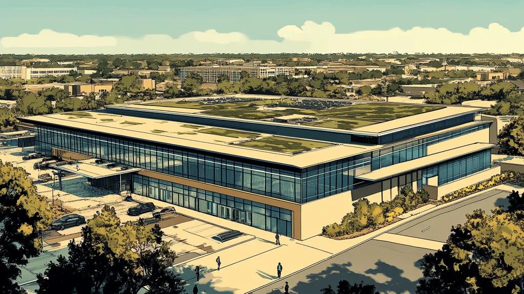 A commercial roof on a community recreation center in a location similar to Dallas with a comic book style aesthetic (AI image)