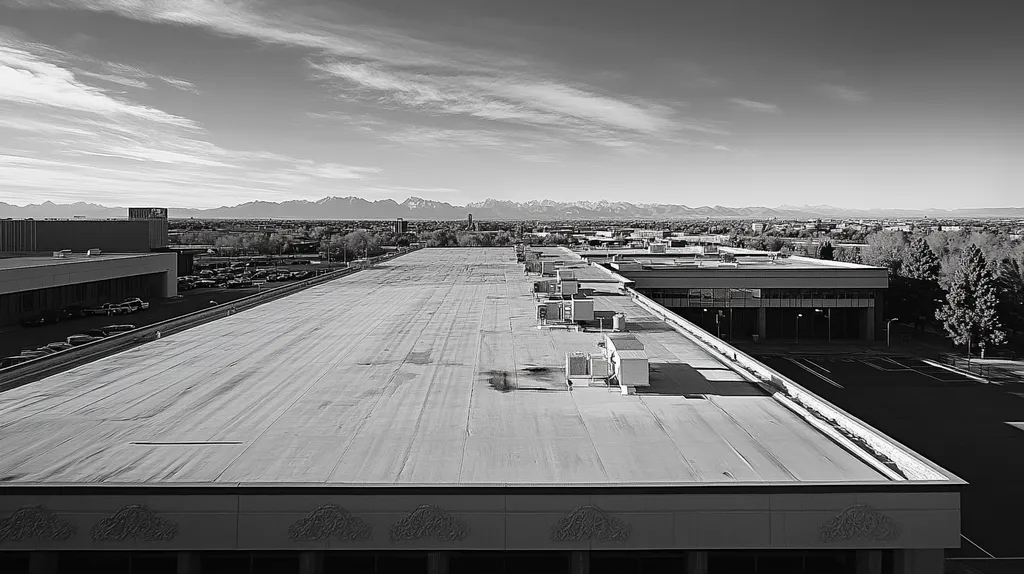 A commercial roof on a convention center in a location similar to Denver with a black and white photography aesthetic (AI image)
