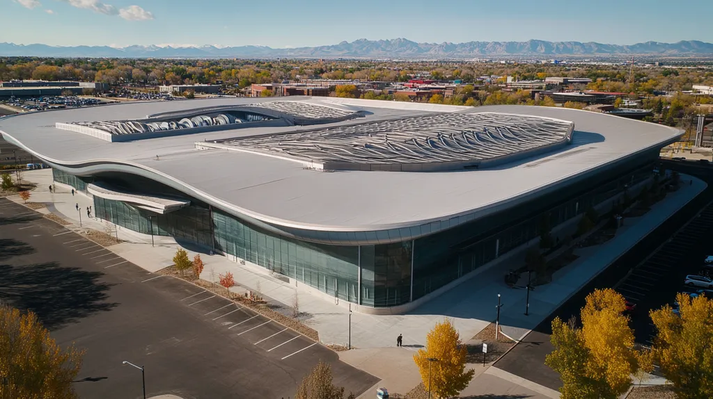 A commercial roof on a convention center in a location similar to Denver with a futuristic aesthetic (AI image)