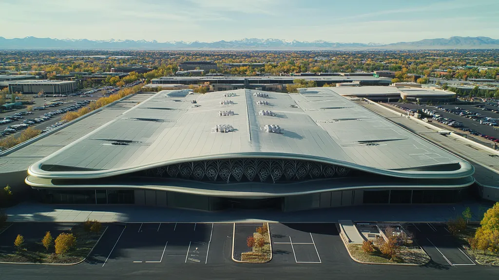 A commercial roof on a convention center in a location similar to Denver with a futuristic aesthetic (AI image)