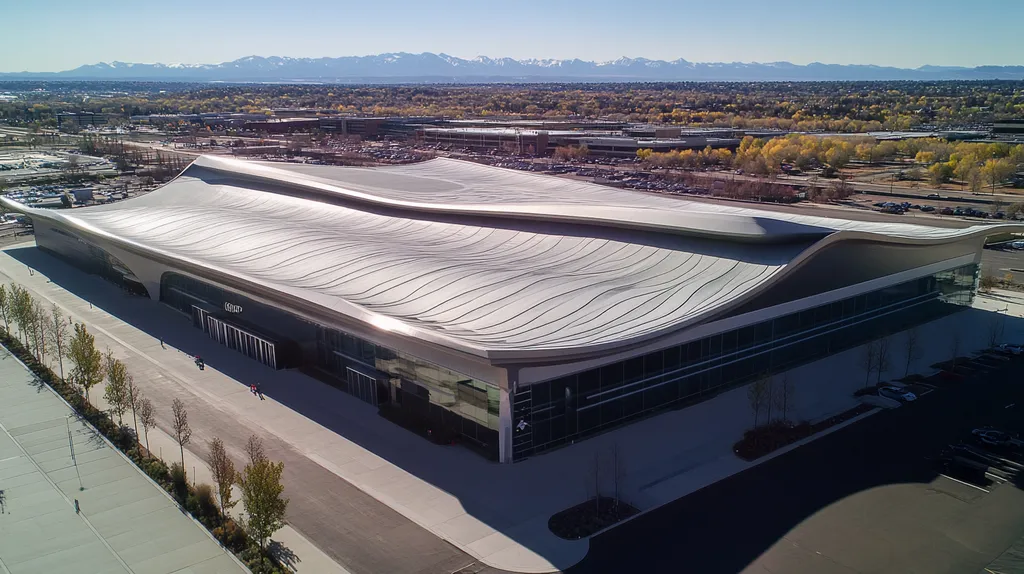 A commercial roof on a convention center in a location similar to Denver with a futuristic aesthetic (AI image)