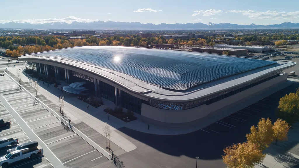 A commercial roof on a convention center in a location similar to Denver with a futuristic aesthetic (AI image)