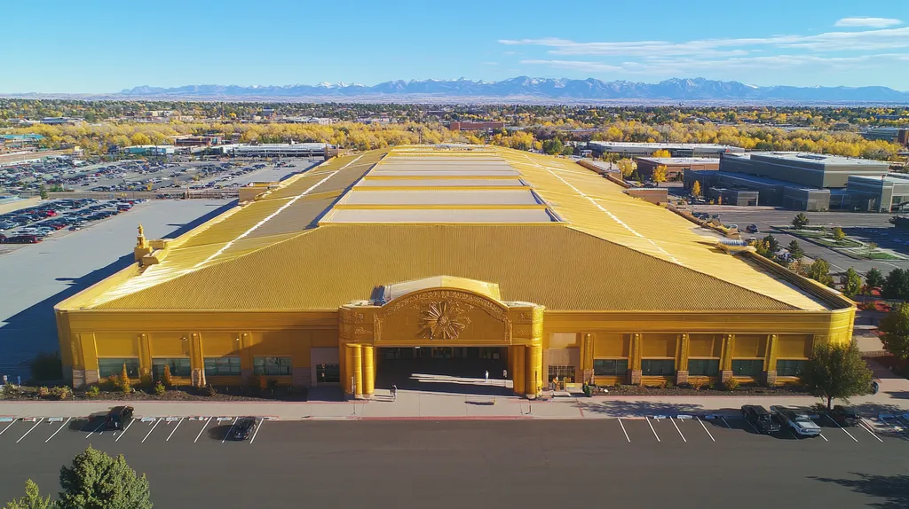 A commercial roof on a convention center in a location similar to Denver with a solid gold aesthetic (AI image)