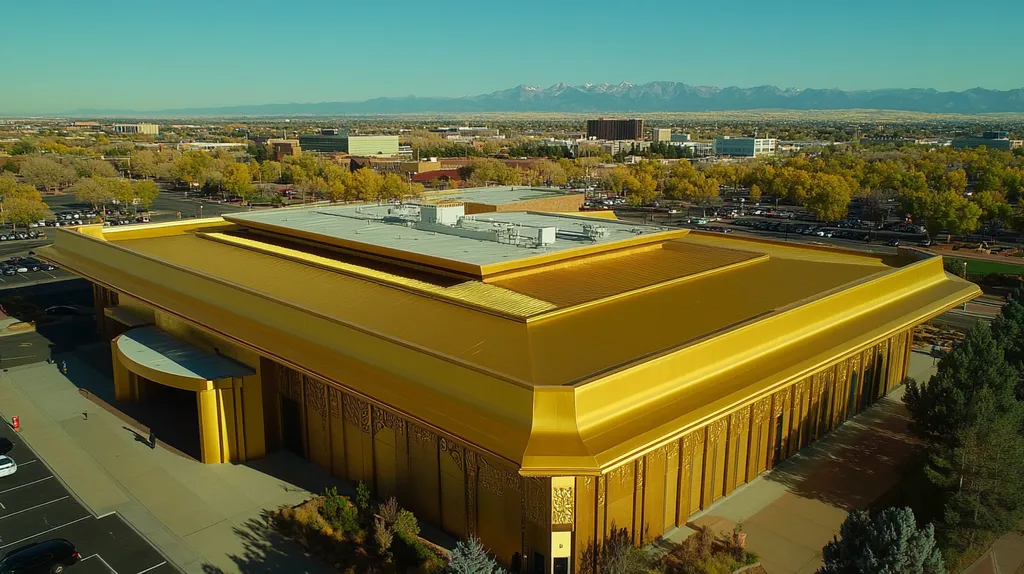 A commercial roof on a convention center in a location similar to Denver with a solid gold aesthetic (AI image)