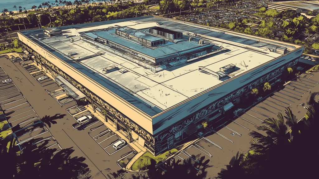 A commercial roof on a convention center in a location similar to Honolulu with a comic book style aesthetic (AI image)