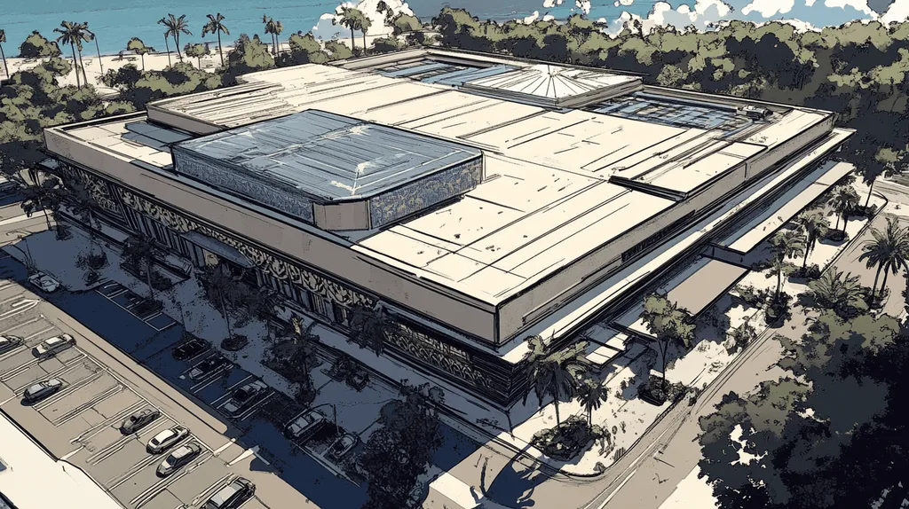 A commercial roof on a convention center in a location similar to Honolulu with a comic book style aesthetic (AI image)