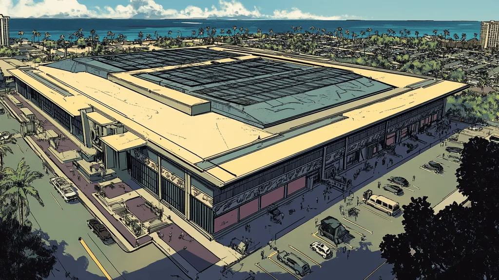 A commercial roof on a convention center in a location similar to Honolulu with a comic book style aesthetic (AI image)