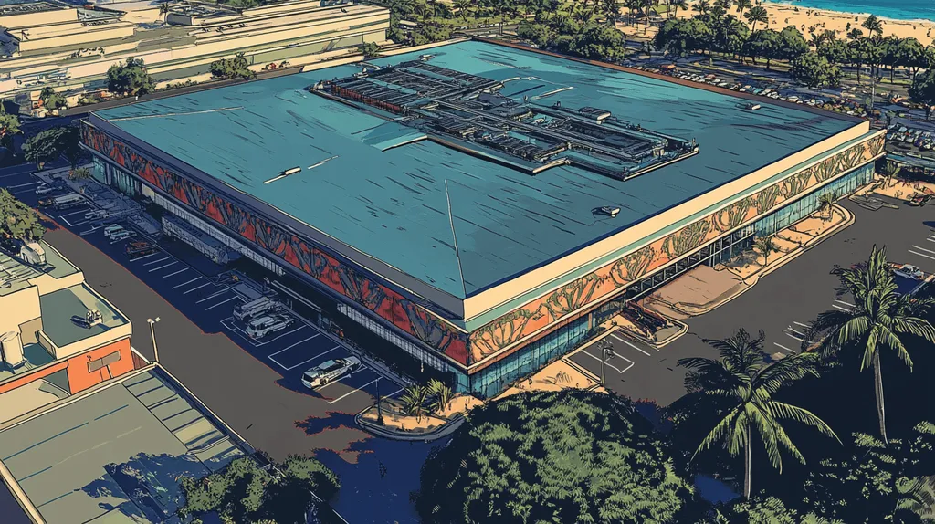 A commercial roof on a convention center in a location similar to Honolulu with a comic book style aesthetic (AI image)