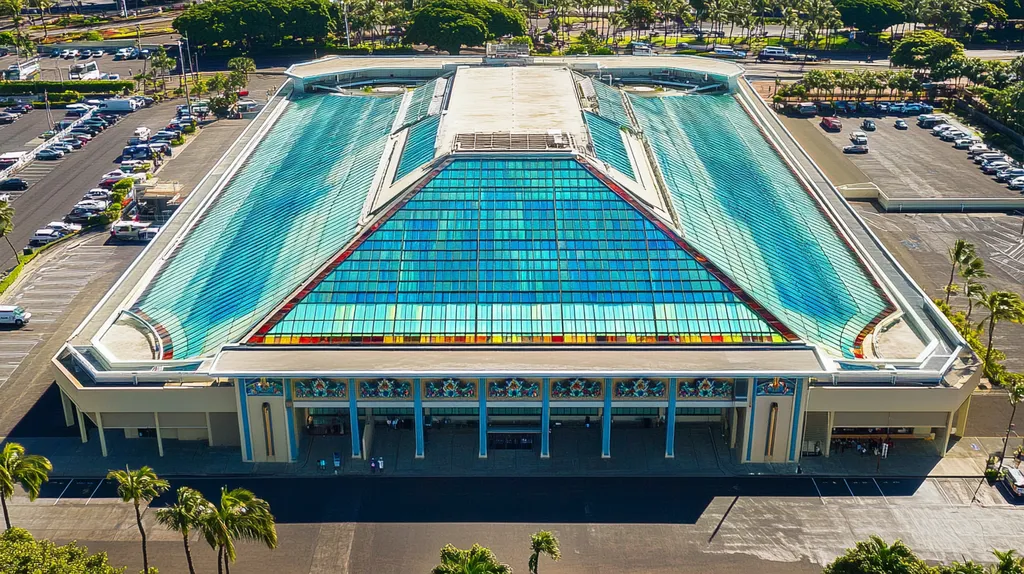 A commercial roof on a convention center in a location similar to Honolulu with a stained glass style aesthetic (AI image)