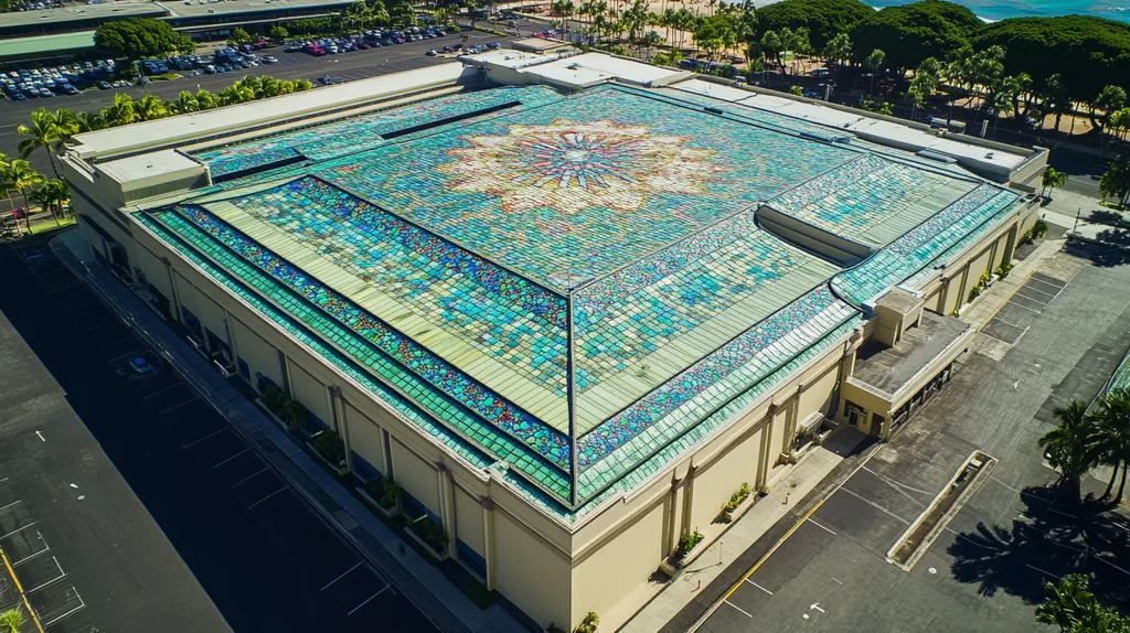 A commercial roof on a convention center in a location similar to Honolulu with a stained glass style aesthetic (AI image)