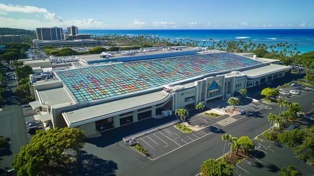 A commercial roof on a convention center in a location similar to Honolulu with a stained glass style aesthetic (AI image)