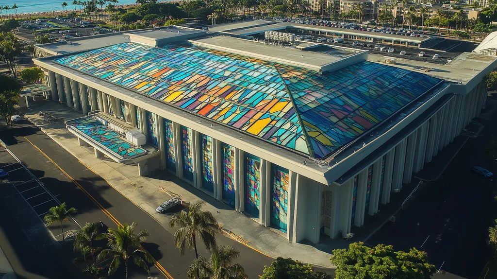A commercial roof on a convention center in a location similar to Honolulu with a stained glass style aesthetic (AI image)