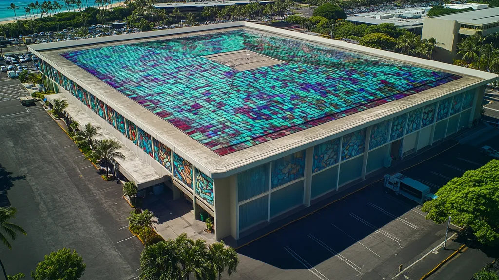 A commercial roof on a convention center in a location similar to Honolulu with a stained glass style aesthetic (AI image)