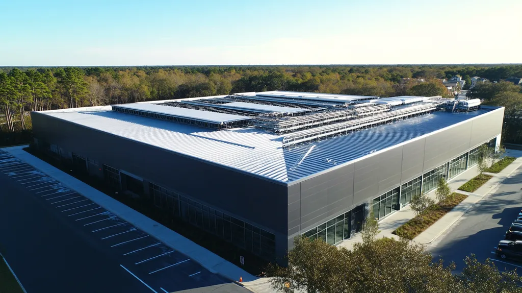 A commercial roof on a data center in a location similar to Charleston with a futuristic aesthetic (AI image)