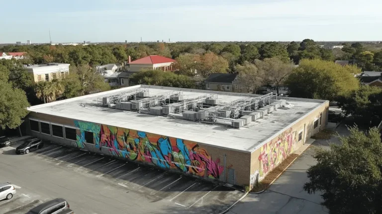A commercial roof on a data center in a location similar to Charleston with a graffiti mural aesthetic (AI image)