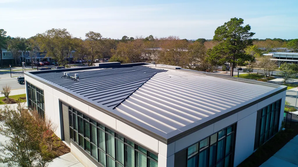 A commercial roof on a data center in a location similar to Charleston with a stainless steel aesthetic (AI image)