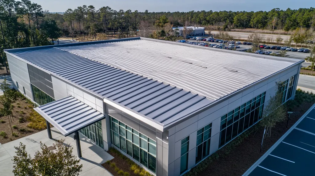 A commercial roof on a data center in a location similar to Charleston with a stainless steel aesthetic (AI image)