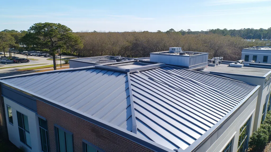 A commercial roof on a data center in a location similar to Charleston with a stainless steel aesthetic (AI image)