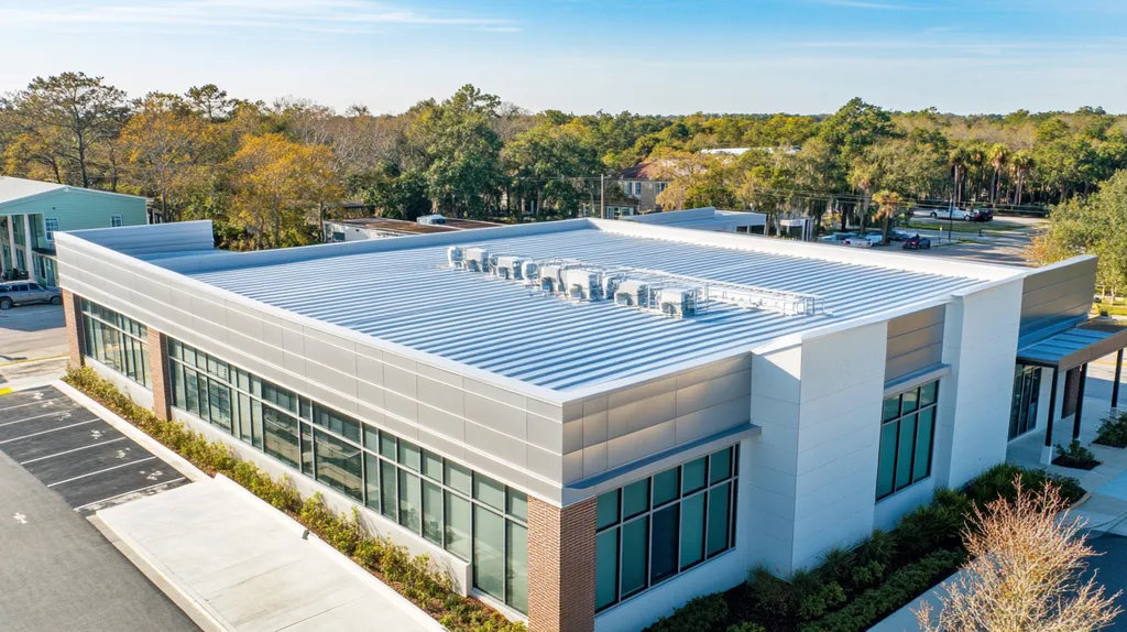 A commercial roof on a data center in a location similar to Charleston with a stainless steel aesthetic (AI image)