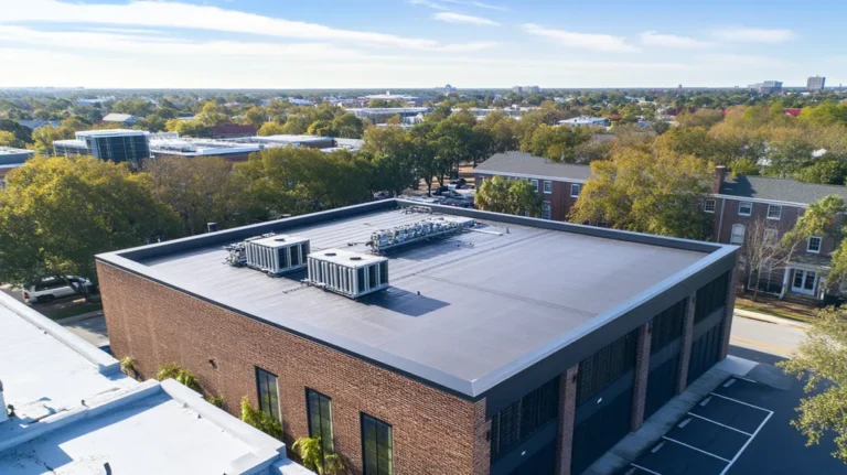 A commercial roof on a data center in a location similar to Charleston with an urban context aesthetic (AI image)