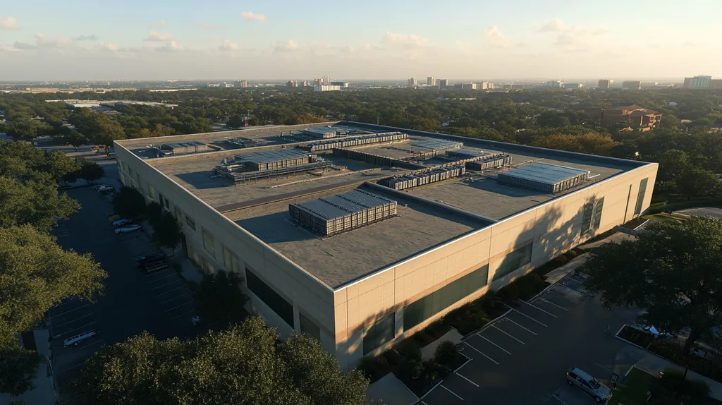 A commercial roof on a data center in a location similar to Dallas with a heavenly glow aesthetic (AI image)