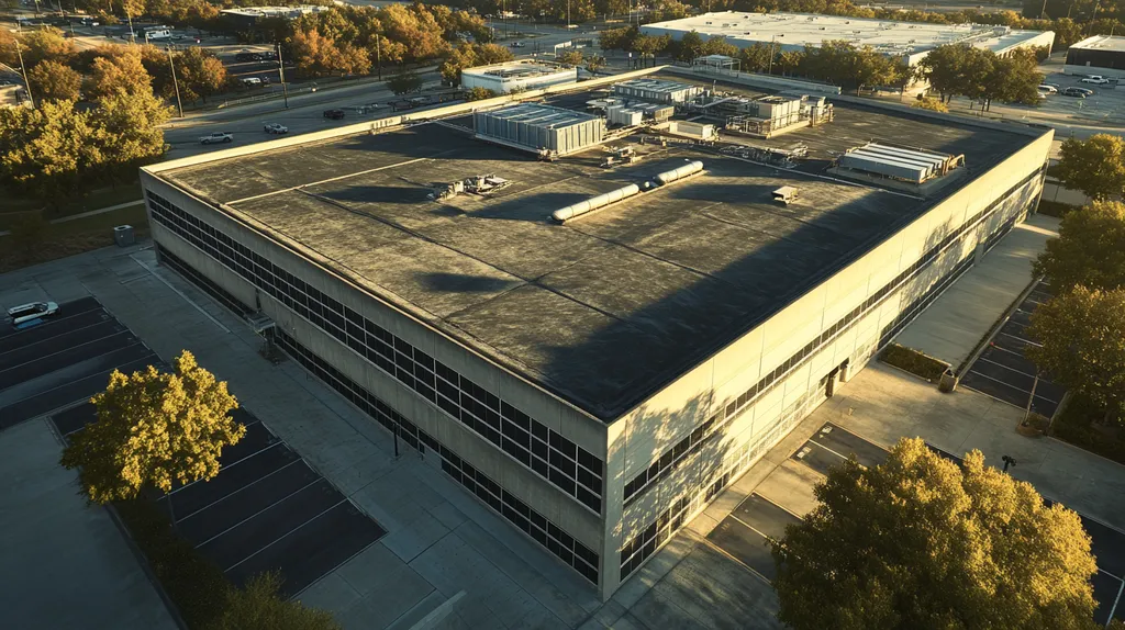 A commercial roof on a data center in a location similar to Dallas with a heavenly glow aesthetic (AI image)