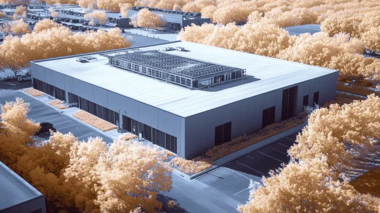 A commercial roof on a data center in a location similar to Dallas with an infrared photography aesthetic (AI image)