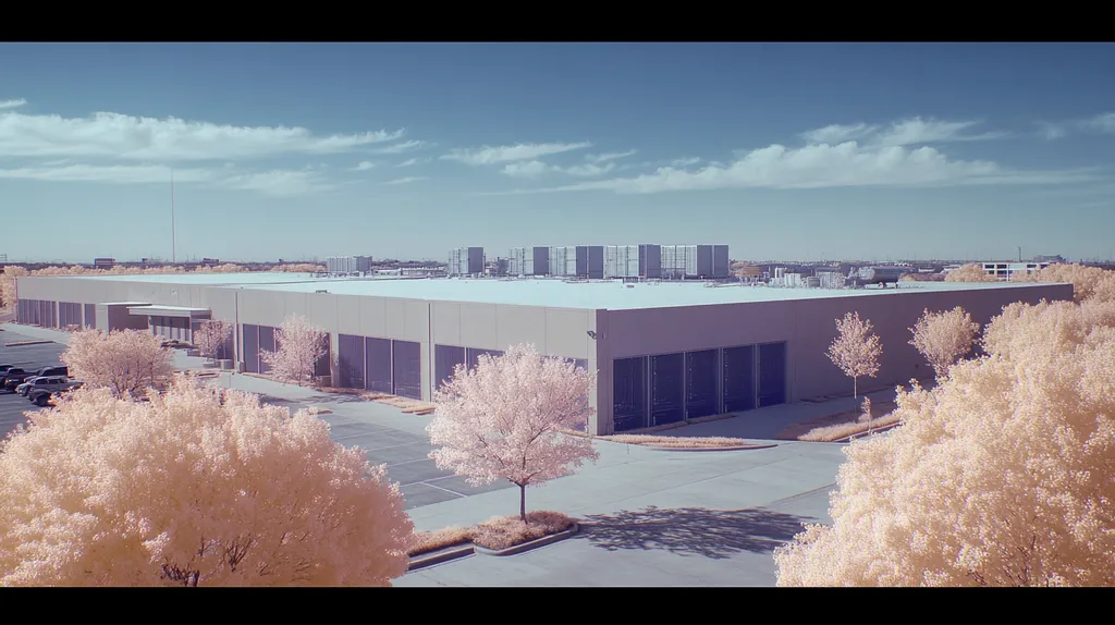 A commercial roof on a data center in a location similar to Dallas with an infrared photography aesthetic (AI image)