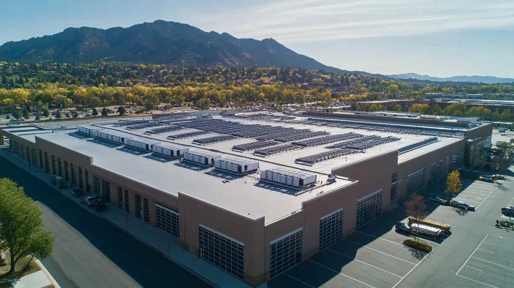 A commercial roof on a distribution center in a location similar to Boulder with an architectural photography aesthetic (AI image)
