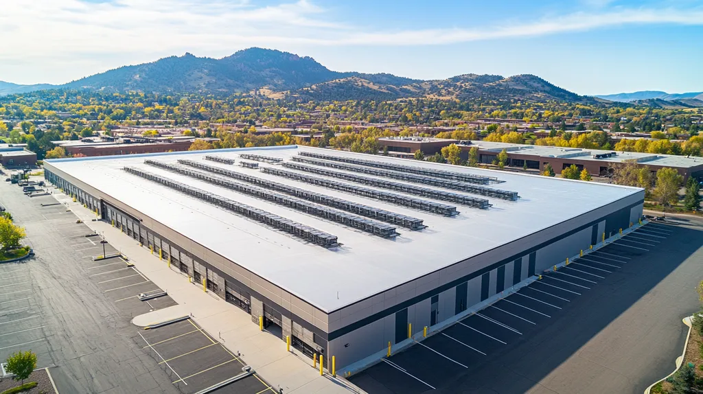 A commercial roof on a distribution center in a location similar to Boulder with an architectural photography aesthetic (AI image)