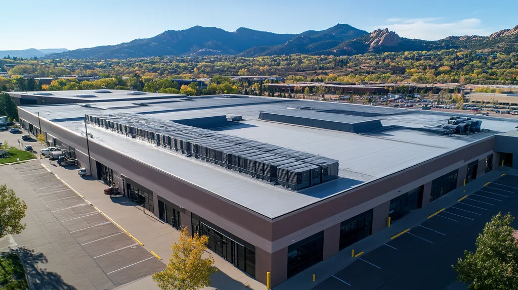 A commercial roof on a distribution center in a location similar to Boulder with a futuristic aesthetic (AI image)