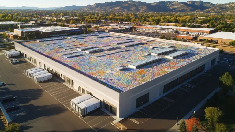 A commercial roof on a distribution center in a location similar to Boulder with a mosaic tile art aesthetic (AI image)