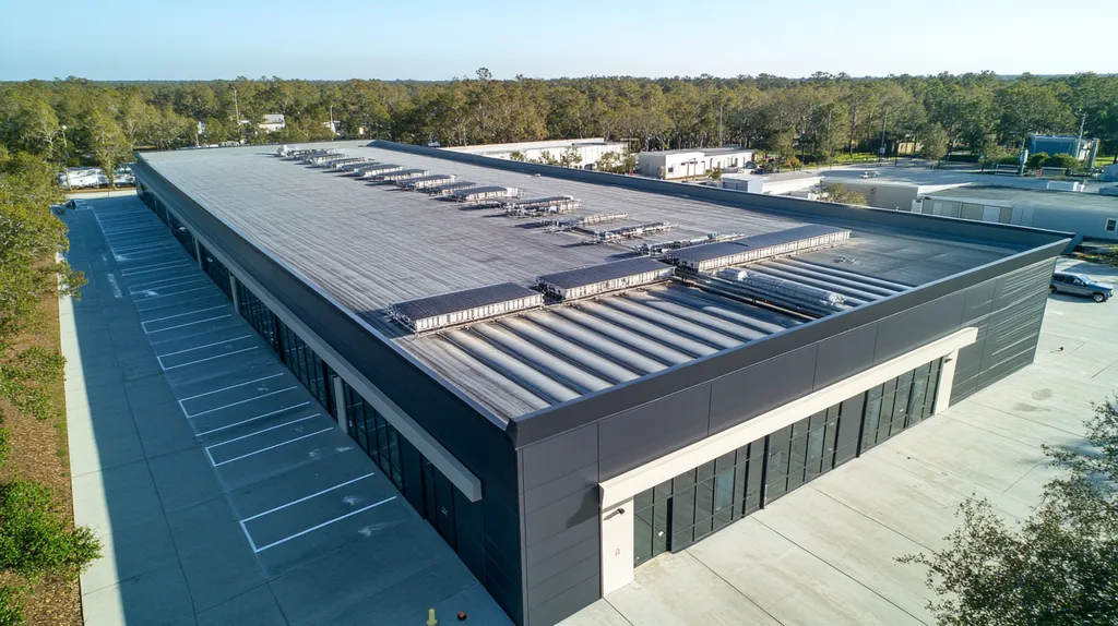 A commercial roof on a distribution center in a location similar to Charleston with a futuristic aesthetic (AI image)