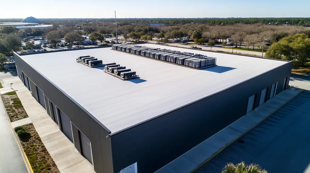 A commercial roof on a distribution center in a location similar to Charleston with a futuristic aesthetic (AI image)