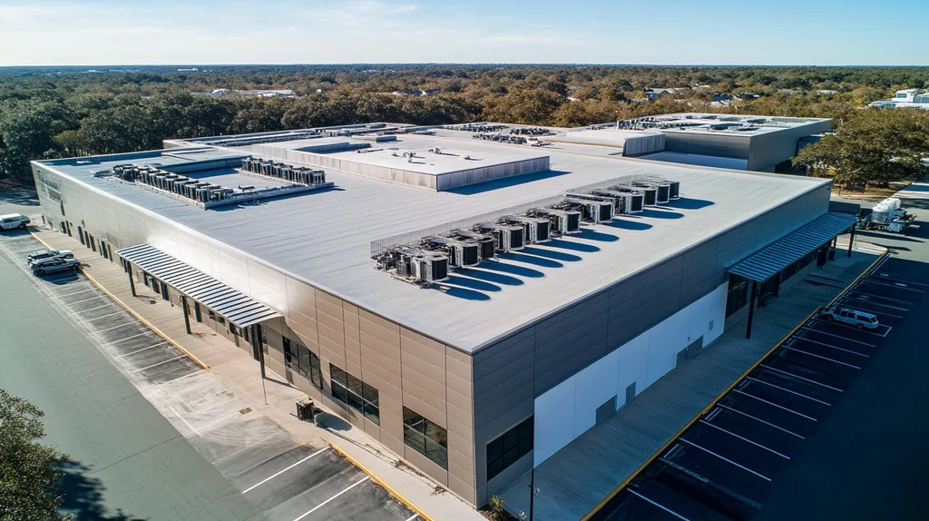A commercial roof on a distribution center in a location similar to Charleston with a futuristic aesthetic (AI image)