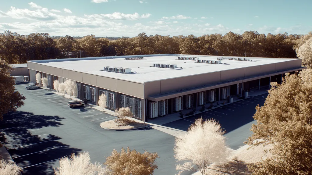 A commercial roof on a distribution center in a location similar to Charleston with an infrared photography aesthetic (AI image)
