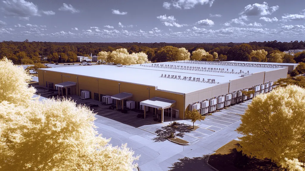 A commercial roof on a distribution center in a location similar to Charleston with an infrared photography aesthetic (AI image)