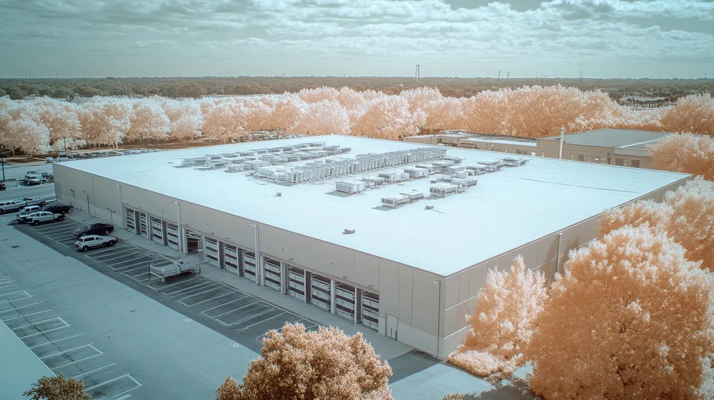 A commercial roof on a distribution center in a location similar to Charleston with an infrared photography aesthetic (AI image)