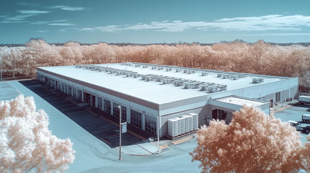 A commercial roof on a distribution center in a location similar to Charleston with an infrared photography aesthetic (AI image)