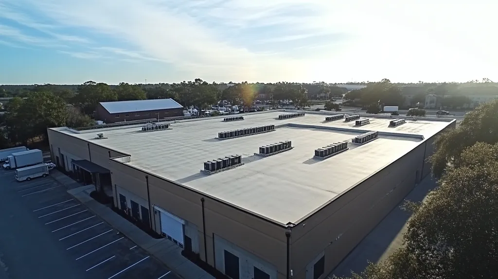 A commercial roof on a distribution center in a location similar to Charleston with a light beams aesthetic (AI image)