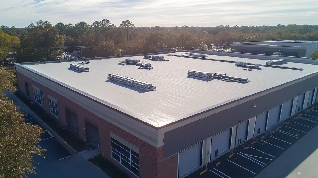 A commercial roof on a distribution center in a location similar to Charleston with a light beams aesthetic (AI image)
