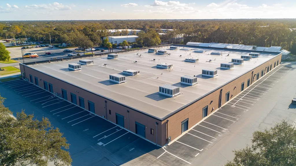 A commercial roof on a distribution center in a location similar to Charleston with a light beams aesthetic (AI image)