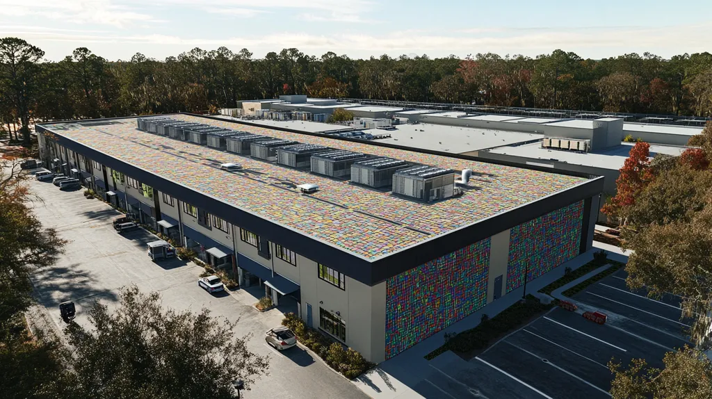 A commercial roof on a distribution center in a location similar to Charleston with a mosaic tile art aesthetic (AI image)