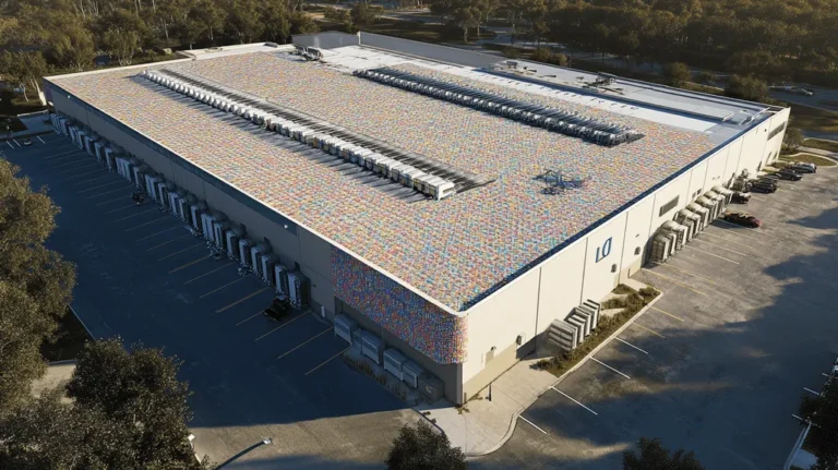 A commercial roof on a distribution center in a location similar to Charleston with a mosaic tile art aesthetic (AI image)